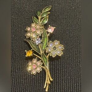 Vintage multicolor flower with rhinestone brooch pin enameled on metal